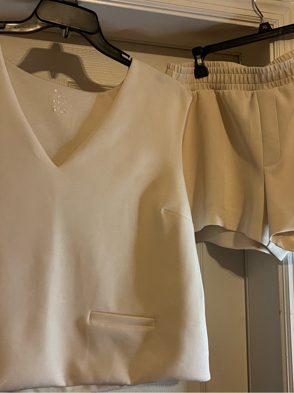 a new day Ladies Cream Neutral Soft V-Top with Pockets & Shorts Set